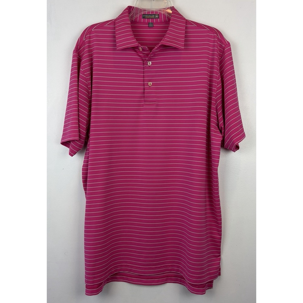 Peter Millar Polo Shirt Mens Large Hot Pink Striped Summer Comfort Golf Read